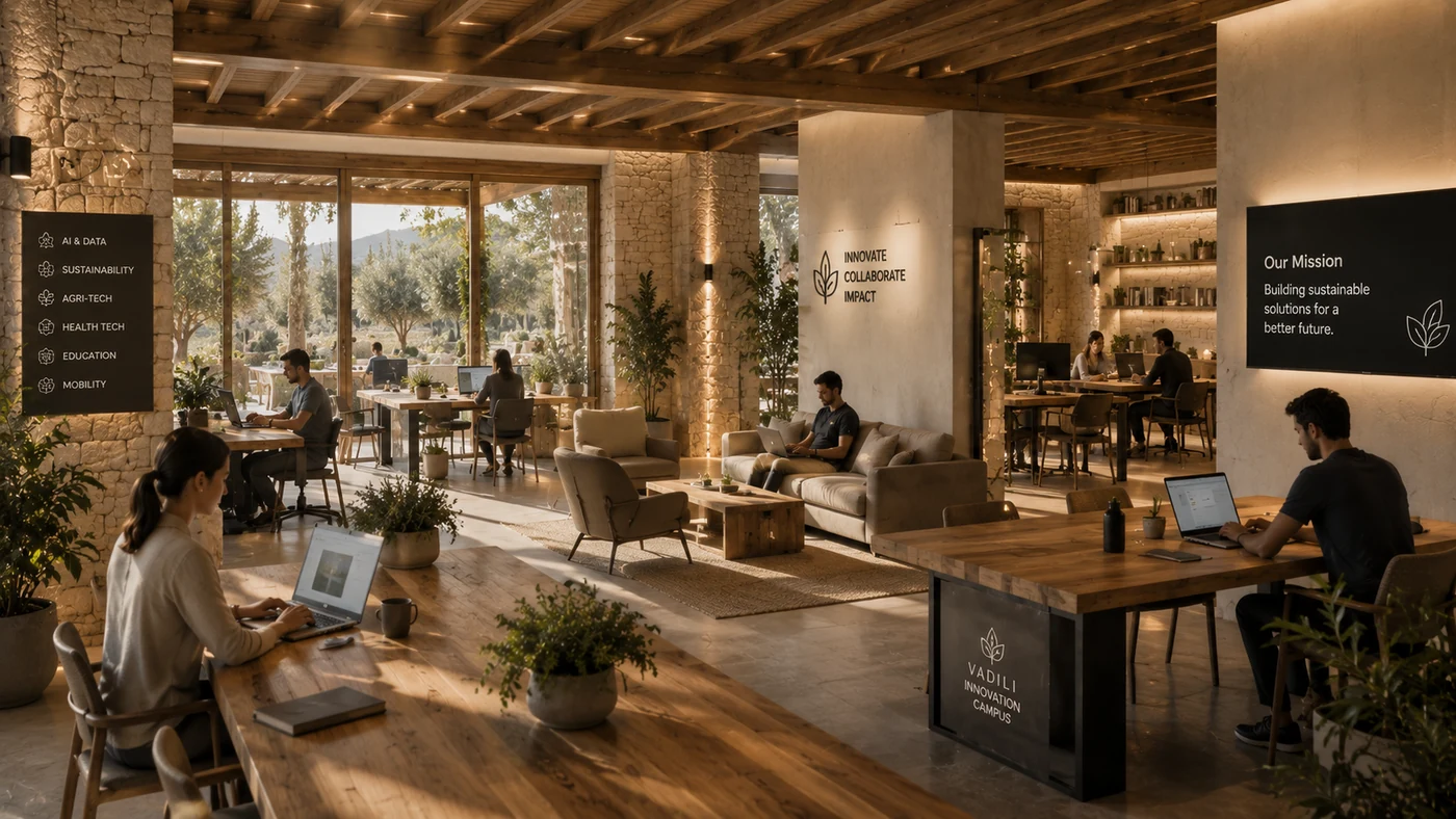 Warm coworking interior with natural materials