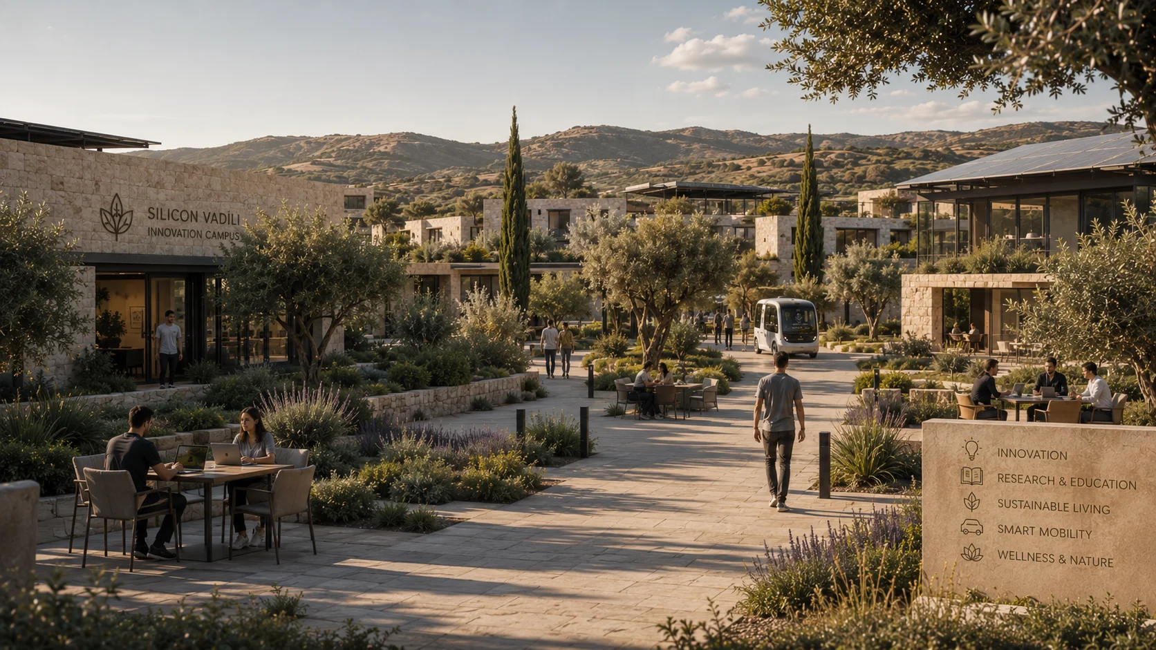 Mediterranean innovation campus with solar roofs and olive courtyards